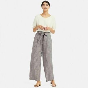 Uniqlo Linen Blend Belted Striped Wide Leg Pants